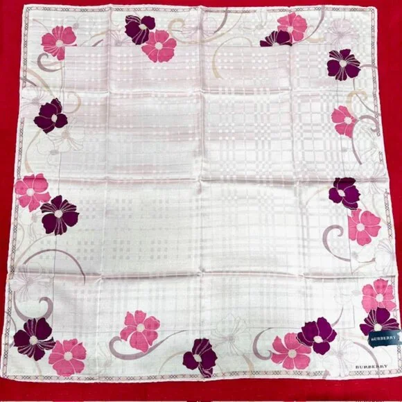 New Beautiful Burberry Scarf/Lg Handerchief silk 23" pink purole floral (33) - Picture 3 of 5